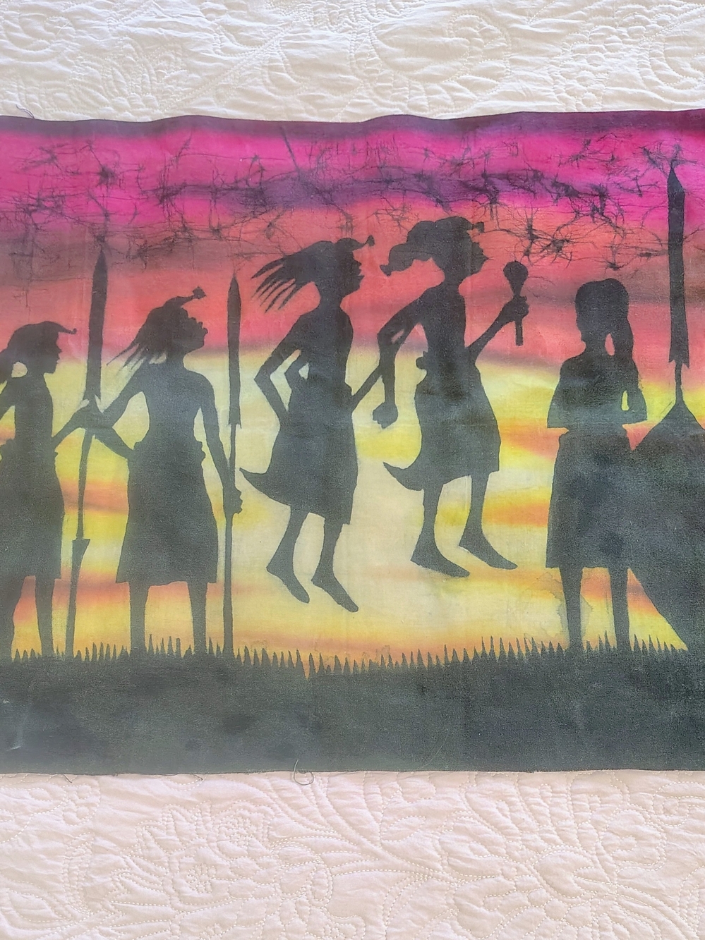 Vintage Beautiful African Women Warriors Wax Batik Wall Art   28” x 20” Signed